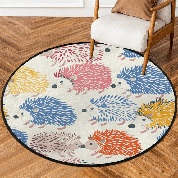 CURLYOOT Hedgehog Pattern 5.2ft Round Rug for Living Room, Large Washable Area Rug, Non Slip Floor Mat Indoor Rugs for Bedroom, Dining Room, Offices, Entryway
