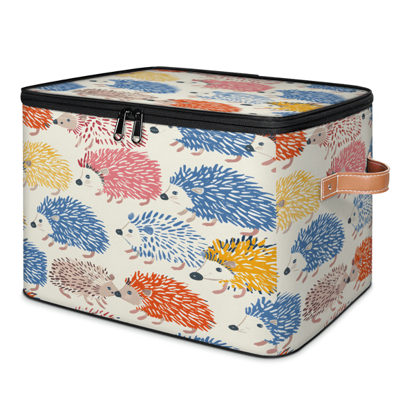 CURLYOOT Hedgehog Pattern Fabric Storage Bins with Lids, Foldable Storage Boxes Washable Storage Cube, Closet Bedroom Home Organizer Containers with PU Leather Handles