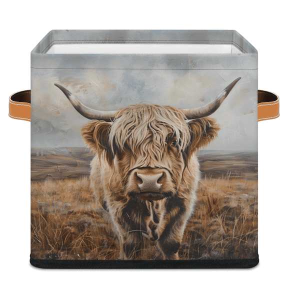 CURLYOOT Highland Cow Cube Storage Bin 11 Inch Fabric Storage Cube for Shelves Decorative Funny Cow Foldable Basket with Leather Handle for Closet Shelves Organizer