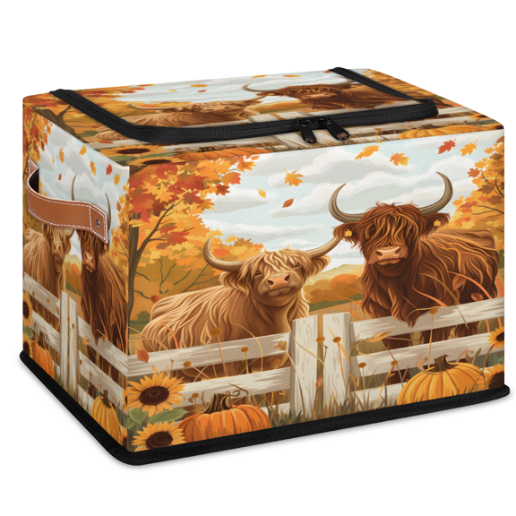 CURLYOOT Highland Cow Farmhouse Maple Leaves Storage Bin With Zipper Lid, Foldable Clothes Organizer Lidded Storage Baskets, Rectangular Box Closet Shelf Container Organizer for Home Dorm
