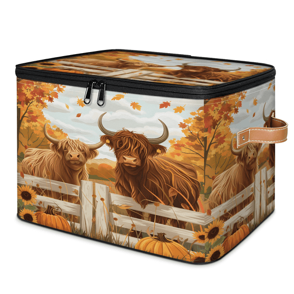 CURLYOOT Highland Cow Farmhouse Maple Leaves Storage Bins with Lid, Decorative Fabric Storage Boxes, Foldable Closet Shelf Organizer Baskets for Bedroom, Living Room, Home