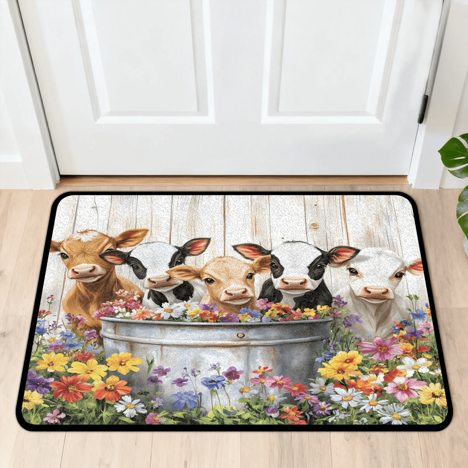CURLYOOT Highland Cow Front Door Mat, Washable Non-Slip Farmhouse Floral Door Mat, Indoor Outdoor Floor Mats Absorbent Welcome Doormat for Entrance 20" x 30"