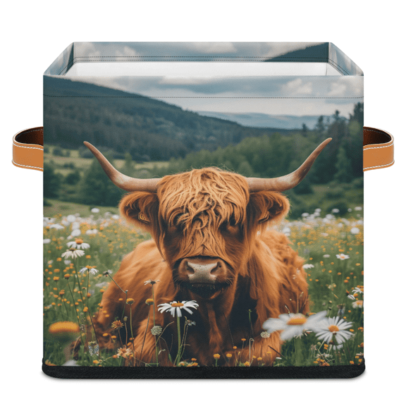 CURLYOOT Highland Cow Spring Floral 11 x 11 Inch Cube Storage Bin, Fabric Storage Cube Foldable Basket with Leather Handles, Organizer Basket for Closet Shelves