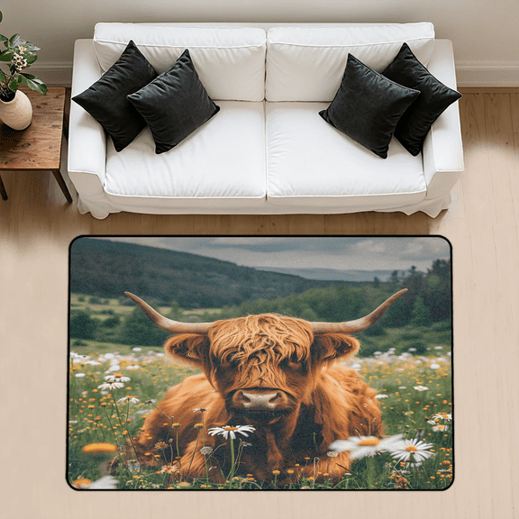 CURLYOOT Highland Cow Spring Floral Area Rug 3x5 Ft Rugs for Entryway Entrance Kitchen, Washable Non Slip Indoor Floor Carpet for Bedroom Living Room