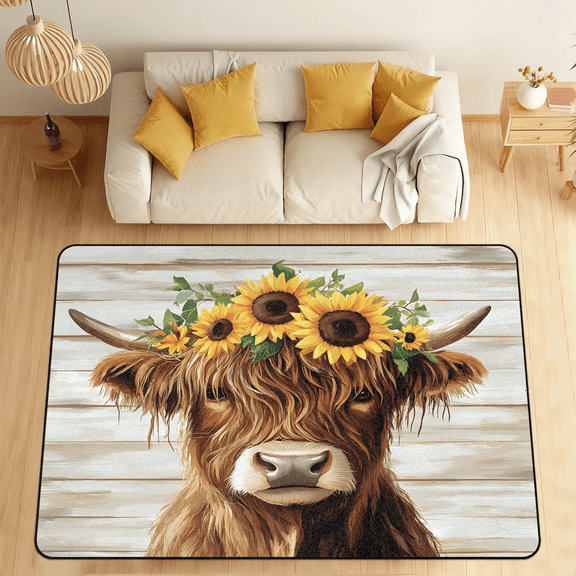CURLYOOT Highland Cow and Sunflowers Retro Area Rugs for Living Room Bedroom, 4' 10" x 6' 8" Washable Rug, Floor Carpet with Non Slip Backing for Dining Room Indoor