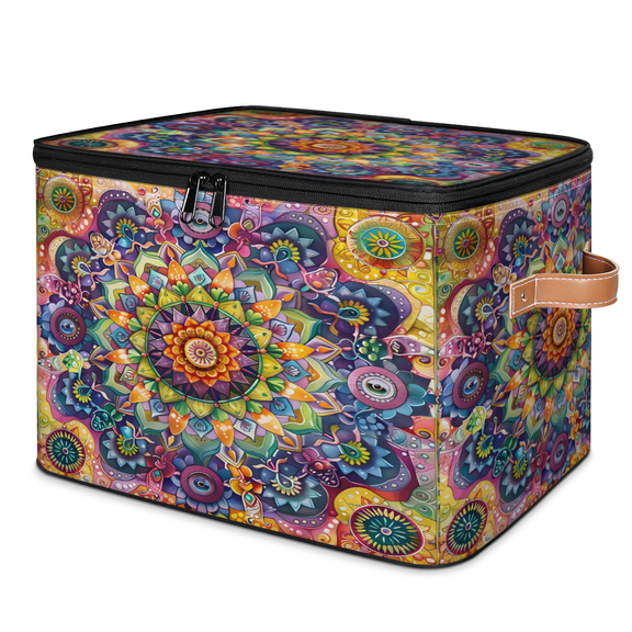 CURLYOOT Hippies Ethnic Storage Bins with Zipper Lid Fabric Storage Baskets Boxes Colorful Mandala Washable Foldable Clothes Organizer Container with Leather Handles for Shelves Closet