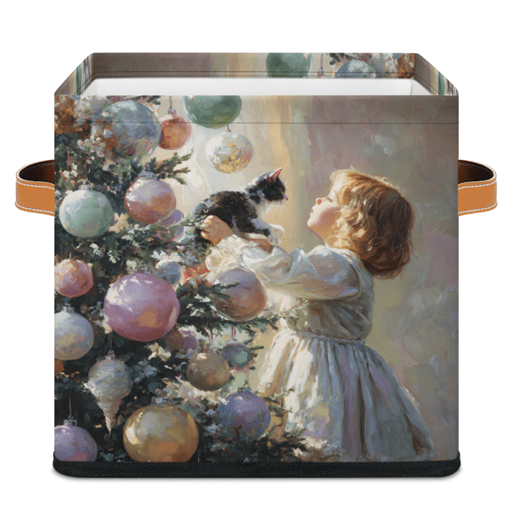 CURLYOOT Holidays Christmas Tree Cat 11 x 11 Inch Cube Storage Bin, Decorative Storage Cube Foldable Basket with Leather Handle, Fabric Bin for Closet Shelves Home Organizer