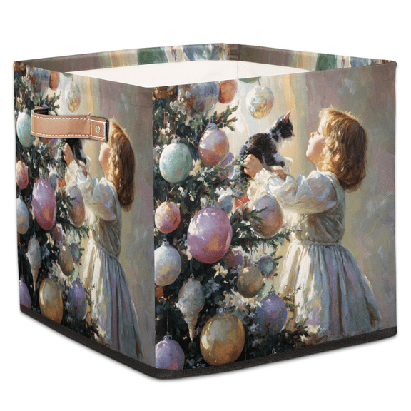 CURLYOOT Holidays Christmas Tree Cat Cube Storage Bin, 13 x 13 x 13 Storage Cube Bins for Organizing, Fabric Foldable Closet Baskets with Handles for Closet, Shelves, Clothes