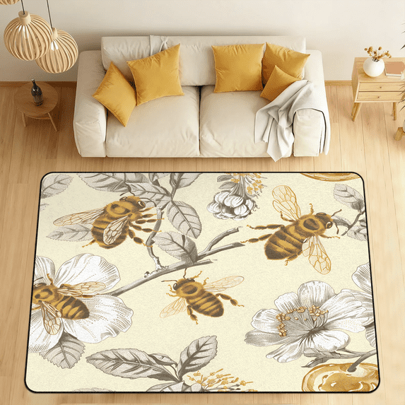 CURLYOOT Honey Bee Area Rugs 5'x7' Washable Rug Large Living Room Rug Non Slip Bee Floral Indoor Floor Carpet for Dining Room Bedroom Home