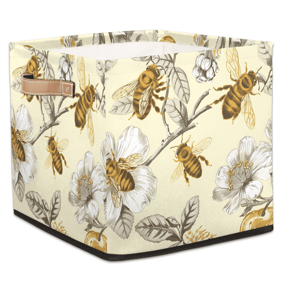 CURLYOOT Honey Bee Cube Storage Bin, 13 x 13 x 13 Storage Cube Bins for Organizing, Bee Floral Fabric Foldable Closet Baskets with Handles for Closet, Shelves, Clothes