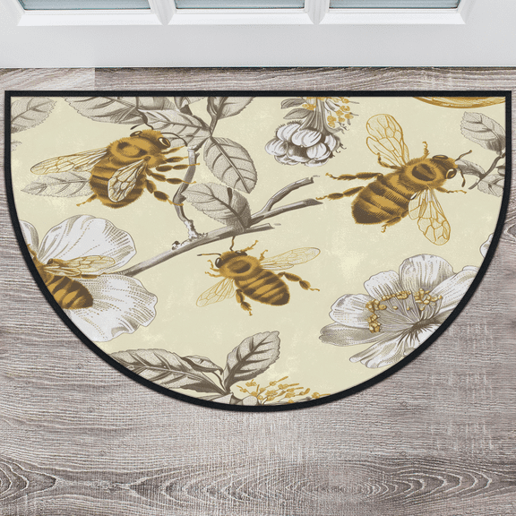 CURLYOOT Honey Bee Half Round Door Mat 24'' x 36'', Indoor Outdoor Entrance Rug, Semi Circular Area Rug, Non Slip Washable Absorbent Doormat, Bee Floral Laundry Room Rug