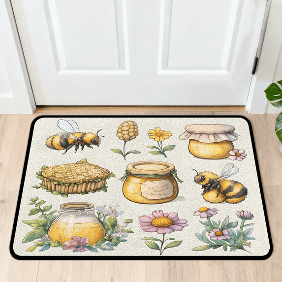 CURLYOOT Honey Themed Colorful Flowers Bees Front Door Mat, Washable Non-Slip Door Mat, Indoor Outdoor Floor Mats Absorbent Welcome Doormat for Entrance 20" x 30"