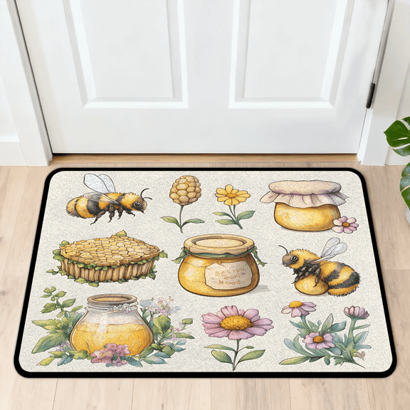 CURLYOOT Honey Themed Colorful Flowers Bees Front Door Mat, Washable Non-Slip Door Mat, Indoor Outdoor Floor Mats Absorbent Welcome Doormat for Entrance 20" x 30"