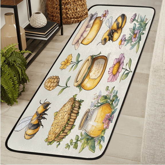 CURLYOOT Honey Themed Colorful Flowers Bees Runner Rug 2'x6' Washable Kitchen Runner Rug Indoor Non Slip Laundry Rugs Floor Carpet for Hallway Kitchen Entryway Bedroom Living Room