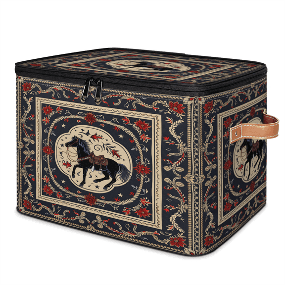 CURLYOOT Horse Floral Storage Bins with Zipper Lid Fabric Storage Baskets Boxes Farmhouse Aztec Washable Foldable Clothes Organizer Container with Leather Handles for Shelves Closet