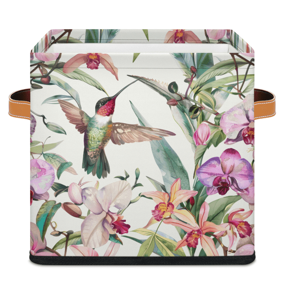 CURLYOOT Hummingbird Cube Storage Bin 11 Inch Fabric Storage Cube for Shelves Decorative Hibiscus Flower Foldable Basket with Leather Handle for Closet Shelves Organizer