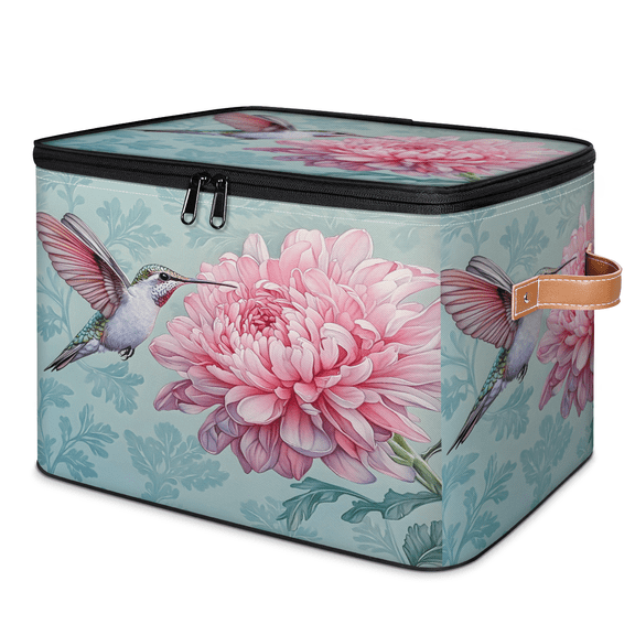 CURLYOOT Hummingbird Floral Storage Bins with Zipper Lid Fabric Storage Baskets Boxes Washable Foldable Clothes Organizer Container with Leather Handles for Shelves Closet