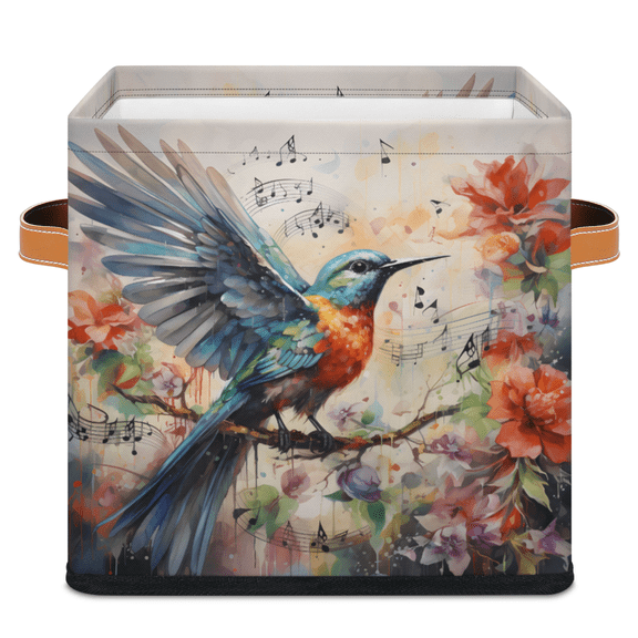 CURLYOOT Hummingbird Flower 11 x 11 Inch Cube Storage Bin, Decorative Storage Cube Foldable Basket with Leather Handle, Fabric Bin for Closet Shelves Home Organizer