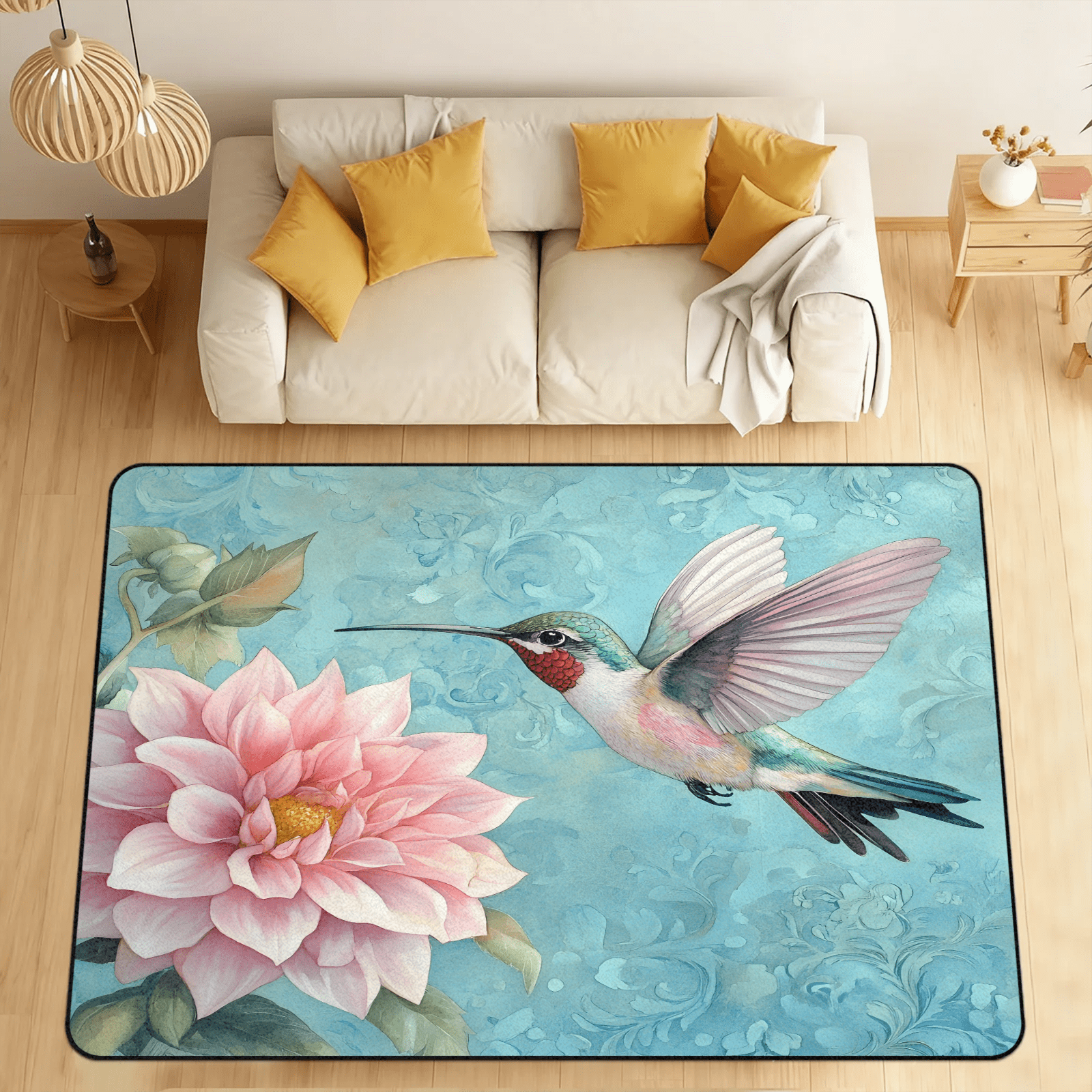 Round Hummingbird Rug CURLYOOT Hummingbird Flower Area Rugs for Living Room Bedroom, 4' 10
