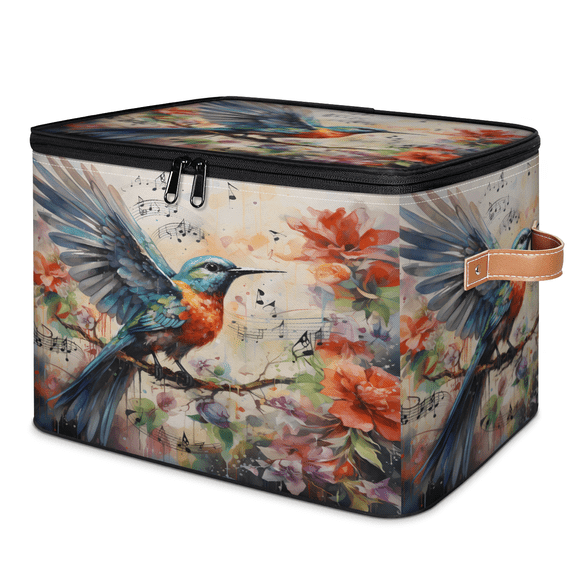 CURLYOOT Hummingbird Flower Storage Bin with Zipper Lid, Fabric Decorative Lidded Storage Baskets Boxes, Foldable Organizer Container Basket for Bedroom Closet Shelf