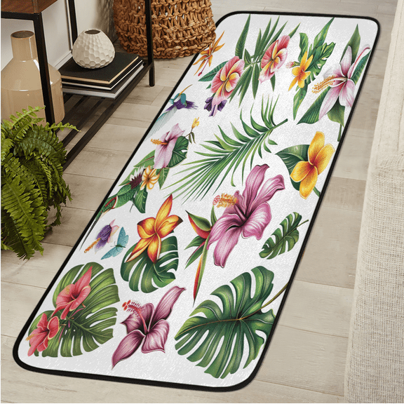 CURLYOOT Hummingbird Runner Rug 2'x6' Washable Kitchen Runner Rug Indoor Non Slip Laundry Rugs Tropical leaves Flower Floor Carpet for Hallway Kitchen Entryway Bedroom Living Room