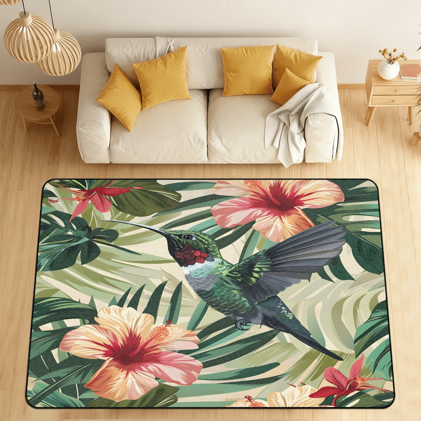 CURLYOOT Hummingbird Tropical Flower Area Rugs 5'x7' Washable Rug Large ...