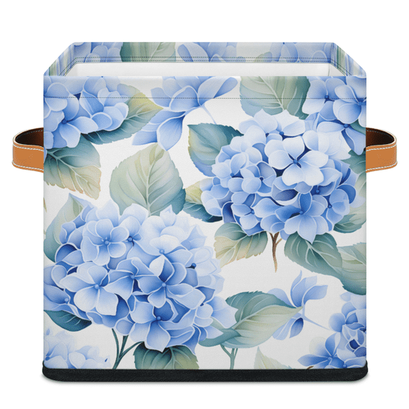 CURLYOOT Hydrangea Blue 11 x 11 Inch Cube Storage Bin, Decorative Storage Cube Foldable Basket with Leather Handle, Fabric Bin for Closet Shelves Home Organizer