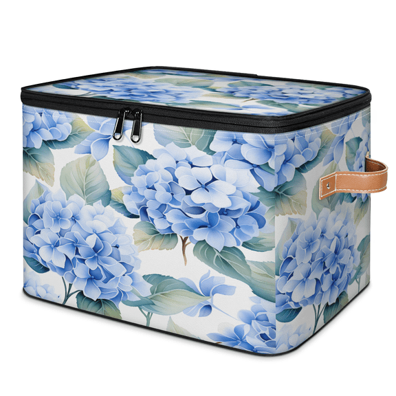 CURLYOOT Hydrangea Blue Storage Bin with Zipper Lid, Fabric Decorative Lidded Storage Baskets Boxes, Foldable Organizer Container Basket for Bedroom Closet Shelf