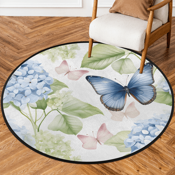 CURLYOOT Hydrangea Flower Butterfly 5.2ft Round Rug for Living Room, Large Washable Area Rug, Non Slip Floor Mat Indoor Rugs for Bedroom, Dining Room, Offices, Entryway