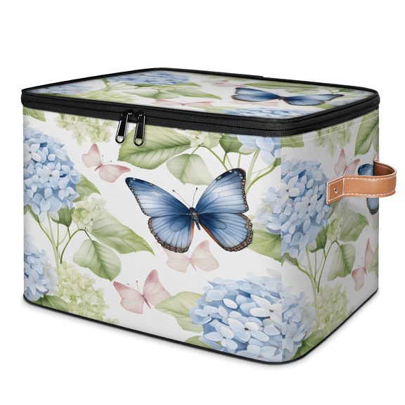 CURLYOOT Hydrangea Flower Butterfly Storage Bin with Zipper Lid, Fabric Decorative Lidded Storage Baskets Boxes, Foldable Organizer Container Basket for Bedroom Closet Shelf