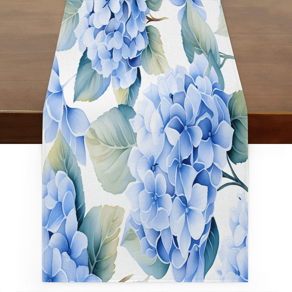CURLYOOT Hydrangea Flower Linen Table Runner 60 Inches Long Kitchen Dining Table Farmhouse Decoration for Home Party Decor 13x60 Inch