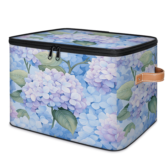 CURLYOOT Hydrangea Flower Storage Bin with Zipper Lid, Fabric Decorative Lidded Storage Baskets Boxes, Foldable Organizer Container Basket for Bedroom Closet Shelf