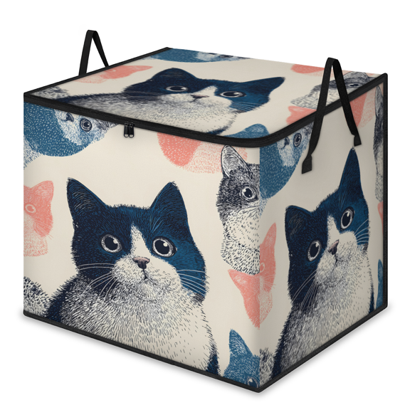 CURLYOOT Japanese Blue Cat Large Storage Bag, Clothes Storage Bin Foldable Closet Organizer with Handle, Fabric Storage Containers for Clothing, Blanket, Comforter, Bedding