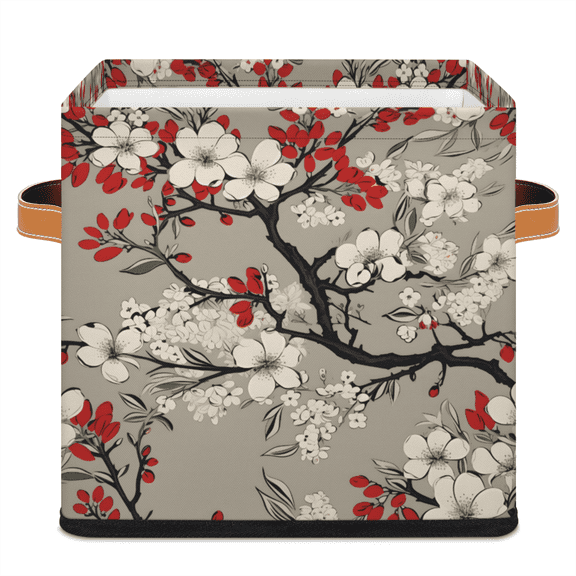 CURLYOOT Japanese Cherry 11 x 11 Inch Cube Storage Bin, Decorative Storage Cube Foldable Basket with Leather Handle, Fabric Bin for Closet Shelves Home Organizer