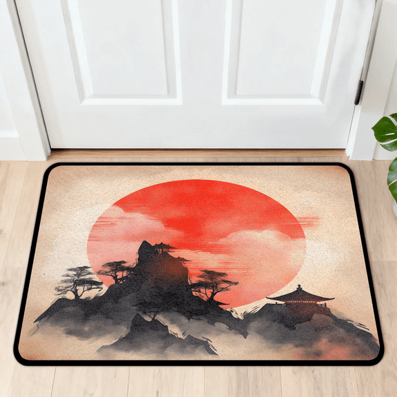 CURLYOOT Japanese Chinese Oriental Sun Misty Mountains Door Mat 24" x 36" Absorbent Front Doormat Entrance Mat Non-Slip Washable Welcome Mats Floor Mats for Entryway Indoor Outdoor