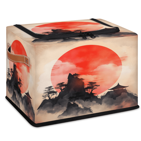 CURLYOOT Japanese Chinese Oriental Sun Misty Mountains Storage Bin with Zipper Lid, Foldable Clothes Organizer Lidded Storage Baskets, Rectangular Box Closet Shelf Container Organizer for Home Dorm