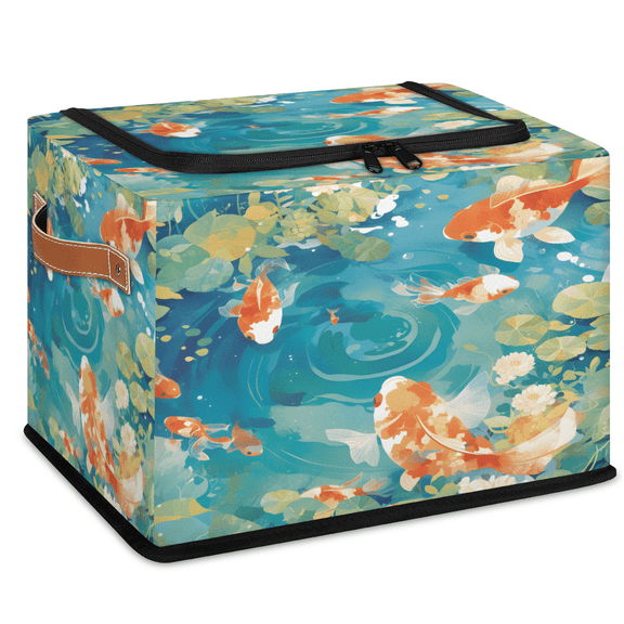 CURLYOOT Japanese Fish Lotus Leaf Pond Storage Bin with Zipper Lid, Fabric Storage Basket with Handles, Decorative Foldable Storages Box Clothes Organizer for Closet, Shelf