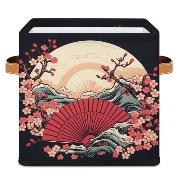 CURLYOOT Japanese Flower 11 x 11 Inch Cube Storage Bin, Decorative Storage Cube Foldable Basket with Leather Handle, Fabric Bin for Closet Shelves Home Organizer