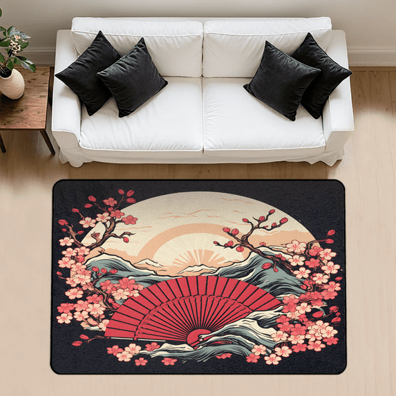 CURLYOOT Japanese Flower Rug for Living Room Bedroom, 4x6 Ft Washable Area Rug, Non Slip Rugs for Entryway, Large Carpet for Indoor Dining Room