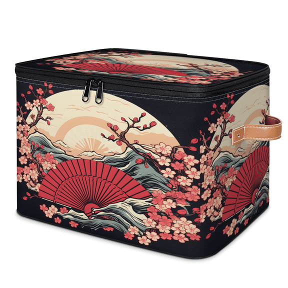 CURLYOOT Japanese Flower Storage Bin with Zipper Lid, Fabric Decorative Lidded Storage Baskets Boxes, Foldable Organizer Container Basket for Bedroom Closet Shelf