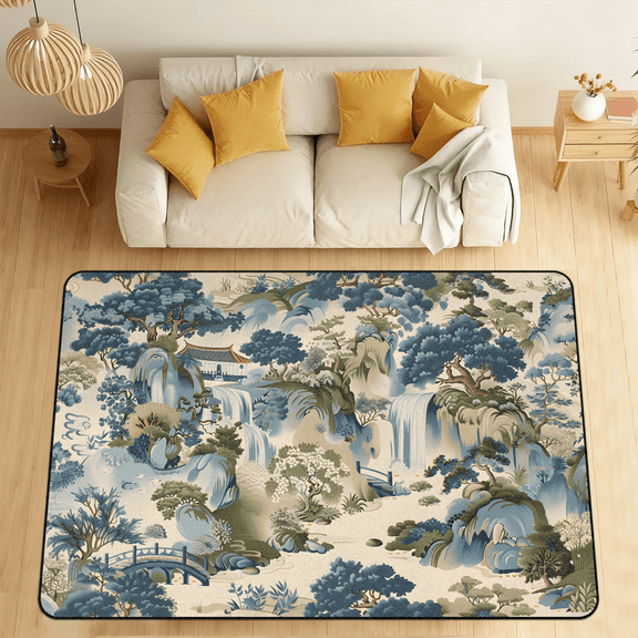 CURLYOOT Japanese Print Traditional Area Rugs for Living Room Bedroom, 4' 10" x 6' 8" Washable Rug, Floor Carpet with Non Slip Backing for Dining Room Indoor