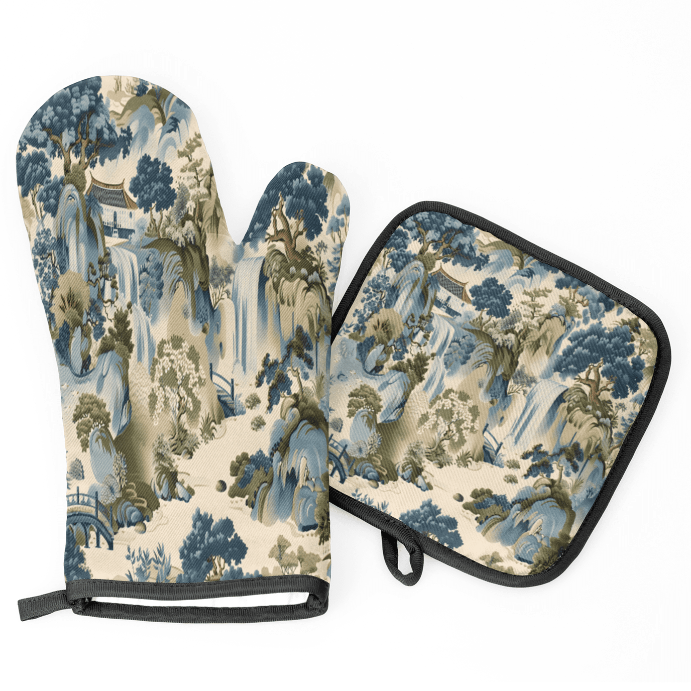 CURLYOOT Japanese Print Traditional Oven Mitts and Pot Holders Sets of 2, Non-Slip Washable Hot Pads and Oven Gloves for Kitchen Cooking Baking