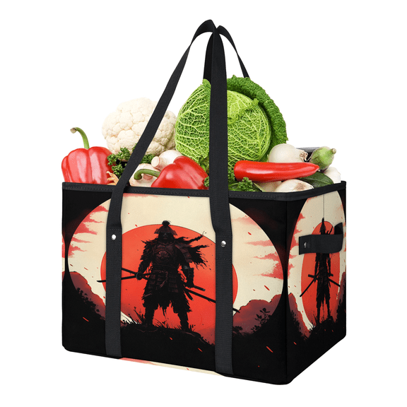 CURLYOOT Japanese Samurai Reusable Grocery Bag, Foldable Shopping Tote Bag with Reinforced Handles, Large Kitchen Grocery Bags for Shopping Groceries Picnic