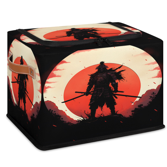 CURLYOOT Japanese Samurai Storage Bin with Zipper Lid, Foldable Clothes Organizer Lidded Storage Baskets, Rectangular Box Closet Shelf Container Organizer for Home Dorm