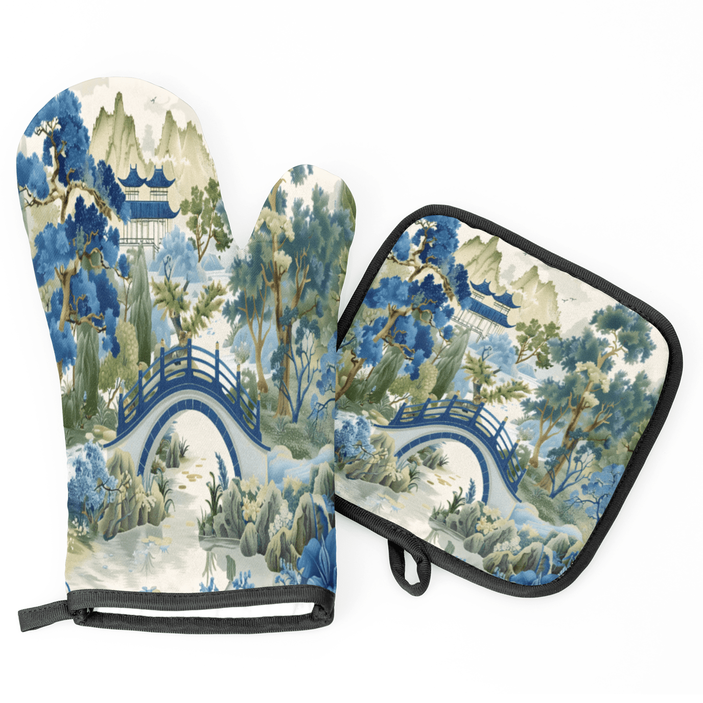 CURLYOOT Japanese Style Asian Blue Green Oven Mitts and Pot Holders Sets of 2, Non-Slip Washable Hot Pads and Oven Gloves for Kitchen Cooking Baking
