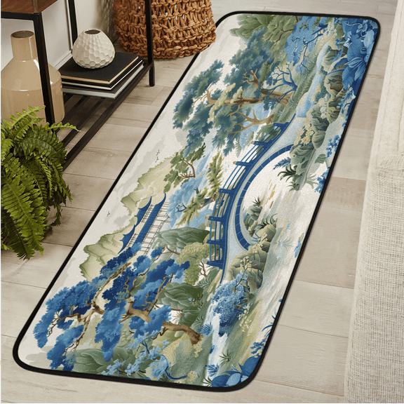 CURLYOOT Japanese Style Asian Blue Green Runner Rug 2'x6' Washable Kitchen Runner Rug Indoor Non Slip Laundry Rugs Floor Carpet for Hallway Kitchen Entryway Bedroom Living Room