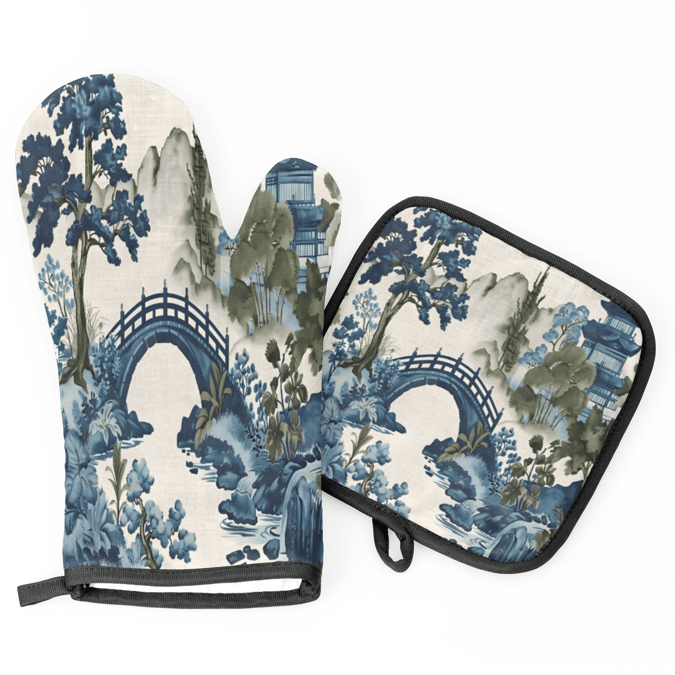 CURLYOOT Japanese Style Bridge Oven Mitts and Pot Holders Sets of 2, Non-Slip Washable Hot Pads and Oven Gloves for Kitchen Cooking Baking