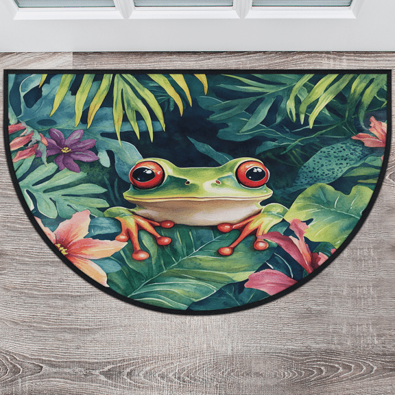 CURLYOOT Jungle Animal Red Eyed Tree Frog Half Round Door Mat 40'' x 63'', Indoor Outdoor Entrance Rug, Semi Circular Area Rug, Non Slip Washable Absorbent Doormat, Laundry Room Rug