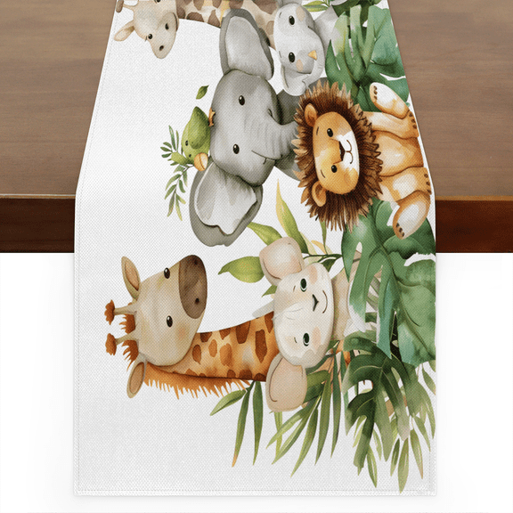 CURLYOOT Jungle Forest Animals Linen Table Runner 60 Inches Long Kitchen Dining Table Farmhouse Decoration for Home Party Decor 13x60 Inch