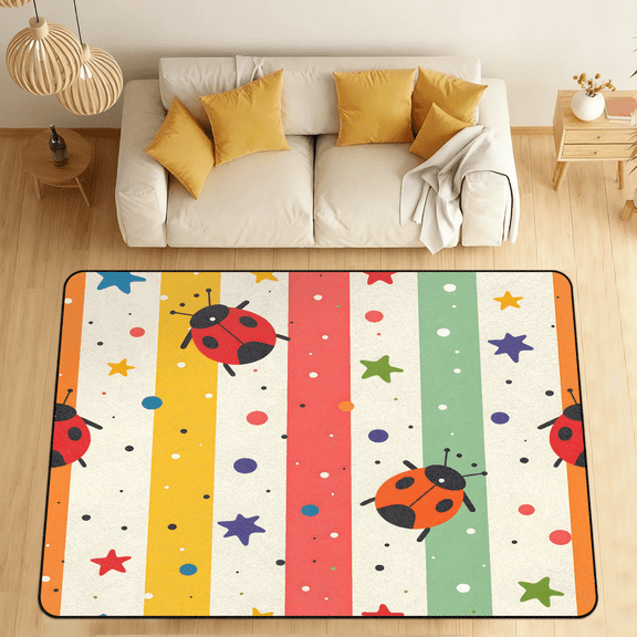 CURLYOOT Ladybugs Area Rugs 5'x7' Washable Rug Large Living Room Rug Non Slip Cartoon Stripes Indoor Floor Carpet for Dining Room Bedroom Home